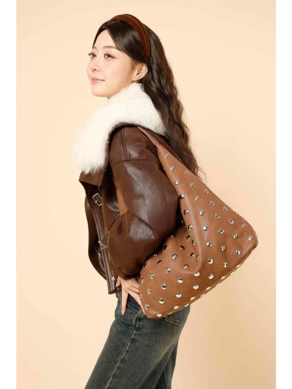 Stylish Studded Hobo Purse - Leather Tote Bag, Rivet Shoulder Handbag for Women